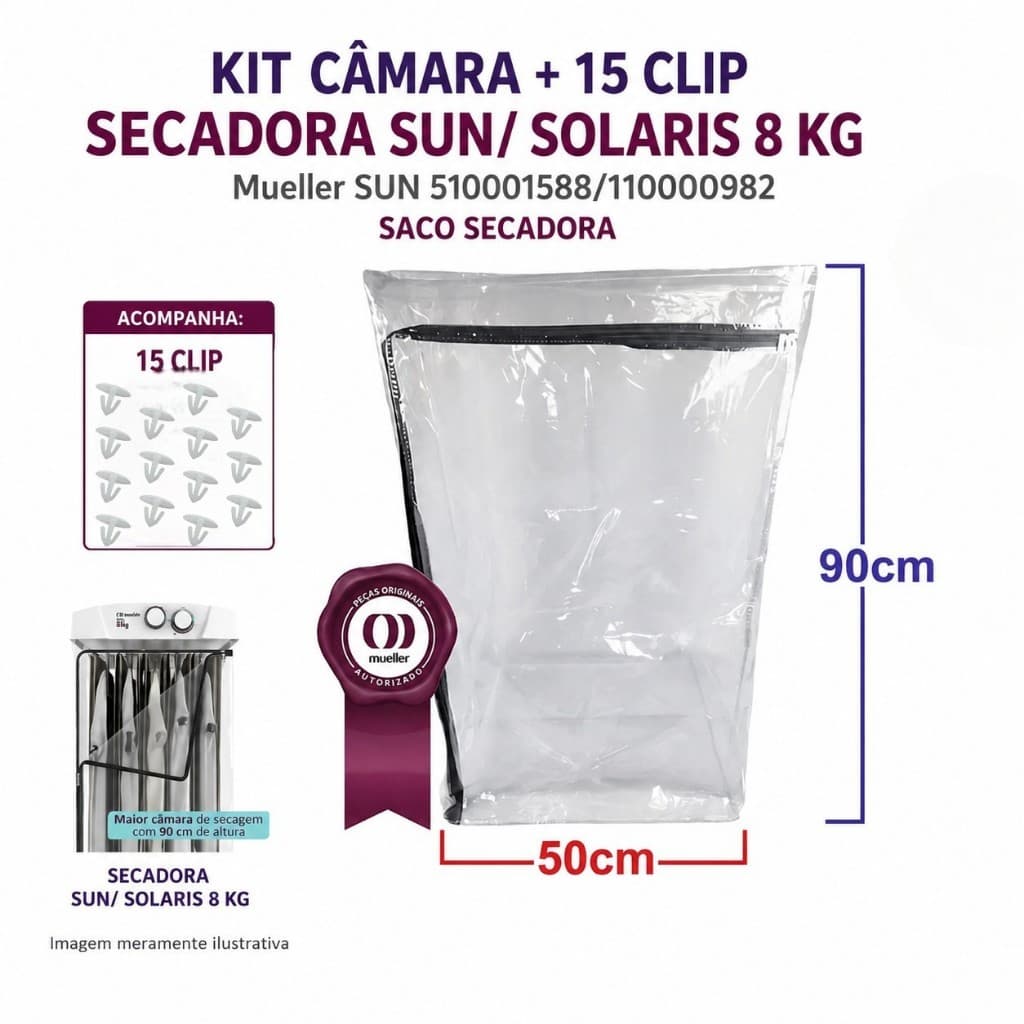 kit Camara + 15 clip  Secadora Sun/ Solaris 8 KG Mueller SUN 510001588/110000982 saco secadora