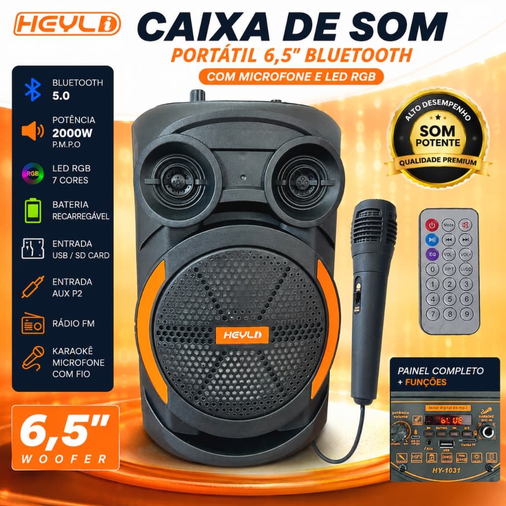 Caixa De Som Bluetooth com Microfone Fone de 6,5" Portátil Led Rgb Potente HY-1031