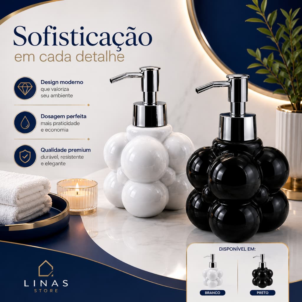 Dispenser Porta Sabonete De Porcelana Líquido 300ML Luxo Decorativo p/ Banheiro Cozinha Álcool Gel e Hidratante Premium