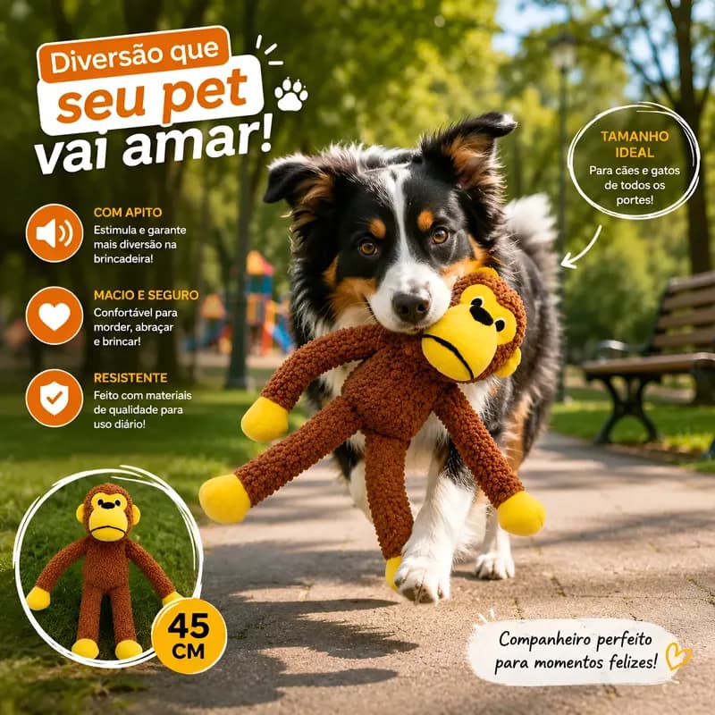 Brinquedo Cachorro Pelúcia Macaco com Apito 45cm Grande Resistente Interativo para Cães e Gatos Anti Estresse Mordedor
