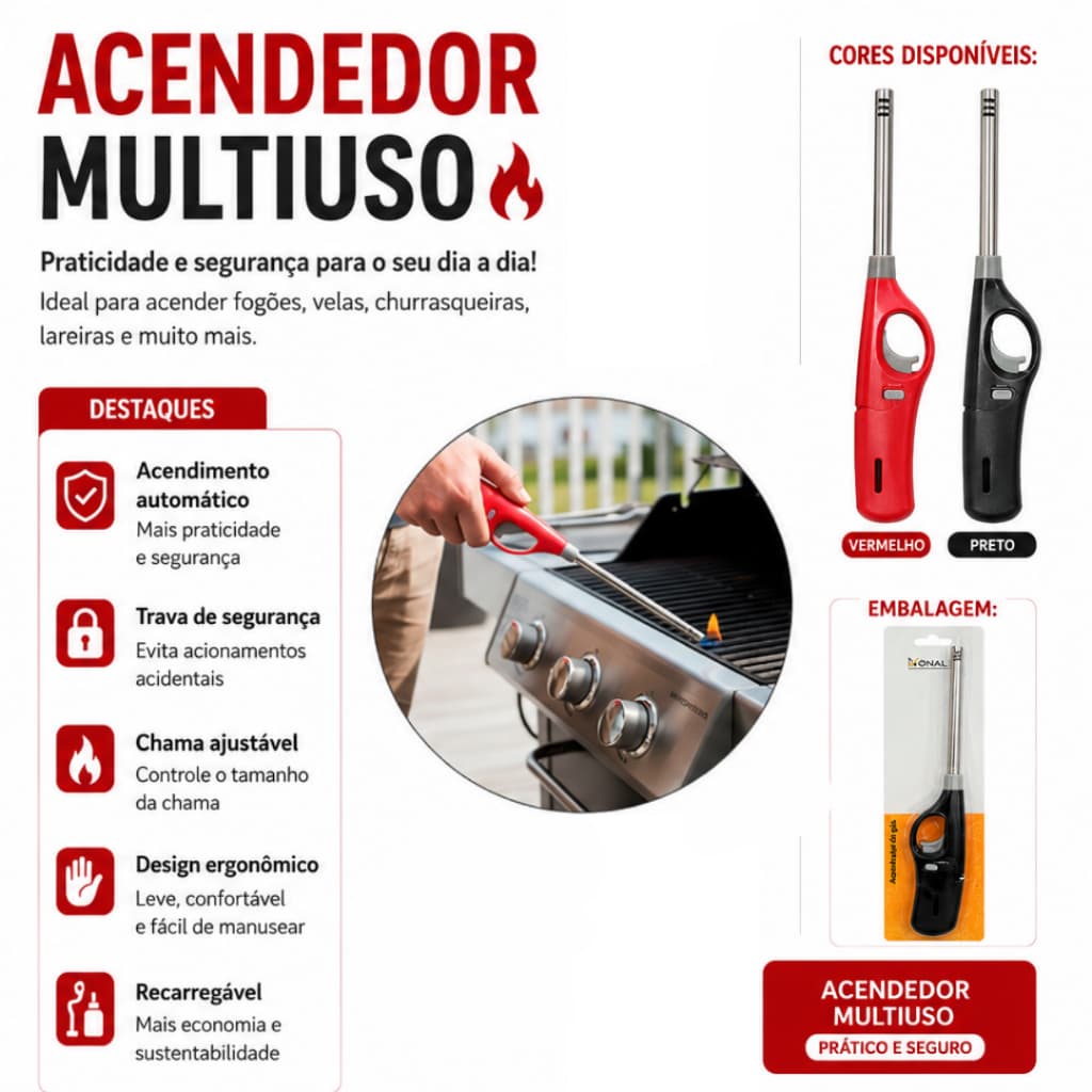 Acendedor Multiuso Automático para Fogão Churrasqueira Velas e Lareira 27,5cm