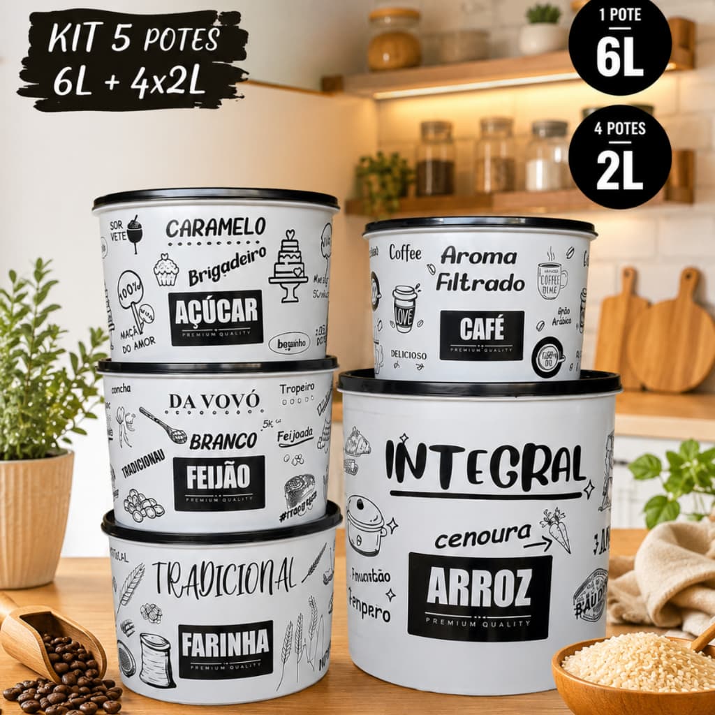 Kit Jogo Potes de Mantimentos 5 Pecas Armazenamento Resistente Decorado Label Casa Cozinha