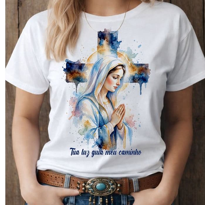 blusa t shirt feminina "tua luz me guia", camiseta católica santa virgem Maria cruz Jesus cristo plus size