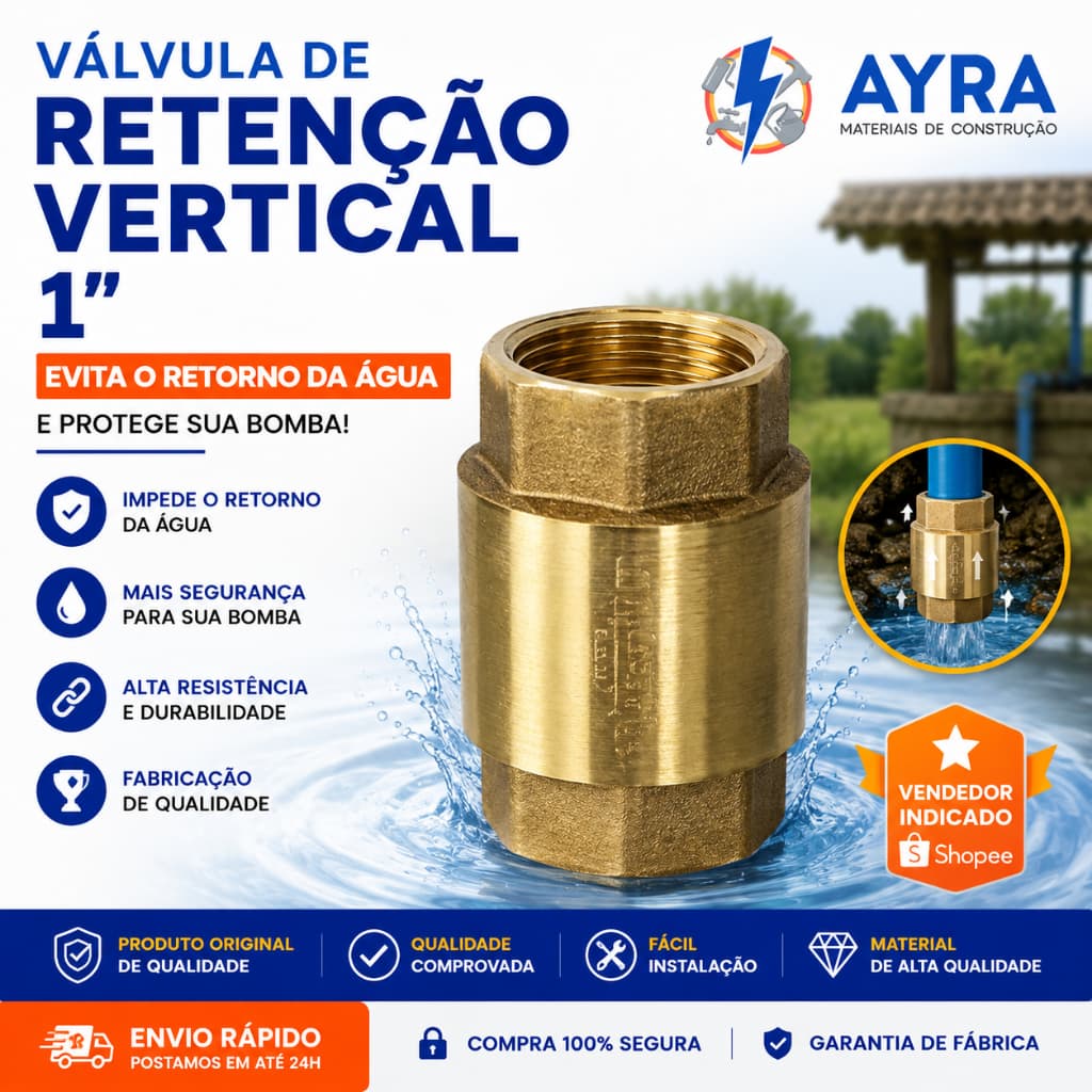 Válvula de Retenção Vertical 1” Metal | Para Água e Gás | Alta Resistência e Fácil Instalação