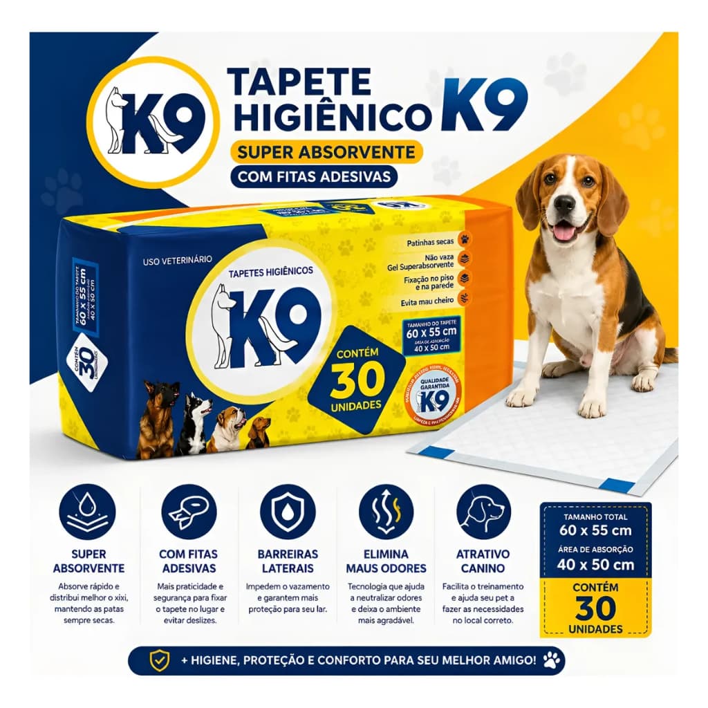 Tapete Higiênico Para Cachorro K9 60x55cm 30 Unidades Com Fitas Adesivas Fixação No Chão