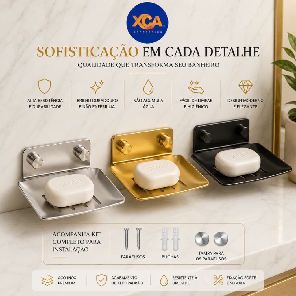 Saboneteira Porta Sabão Inox Luxo Parede Banheiro Premium Dourado Preto Prata com Kit Instalação