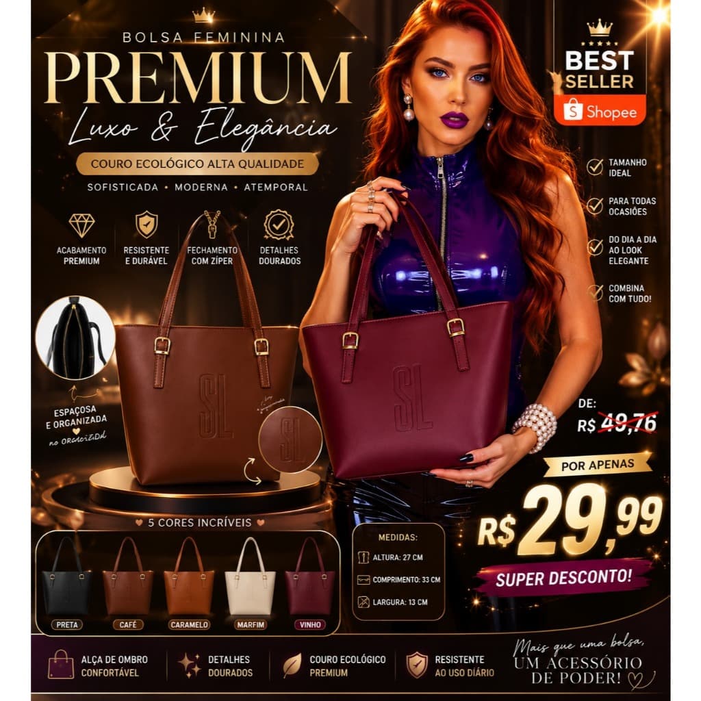 Bolsa Feminina Luxo Couro Ecológico Premium com Fechamento em Zíper Alça de Ombro e Logo Frequenciada