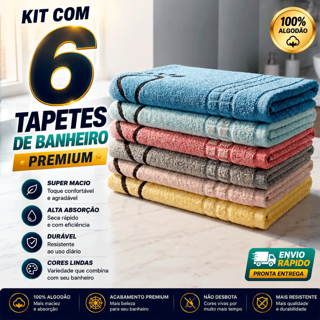 Kit 6 Tapete De Banheiro 45x70cm Pezinho Piso Luxo Atoalhado 100% Algodão Premium
