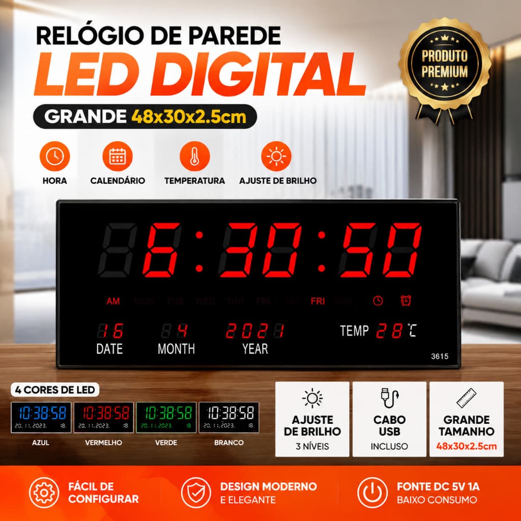 Relógio De Parede Led Digital Grande 48*25*3cm Termômetro Data