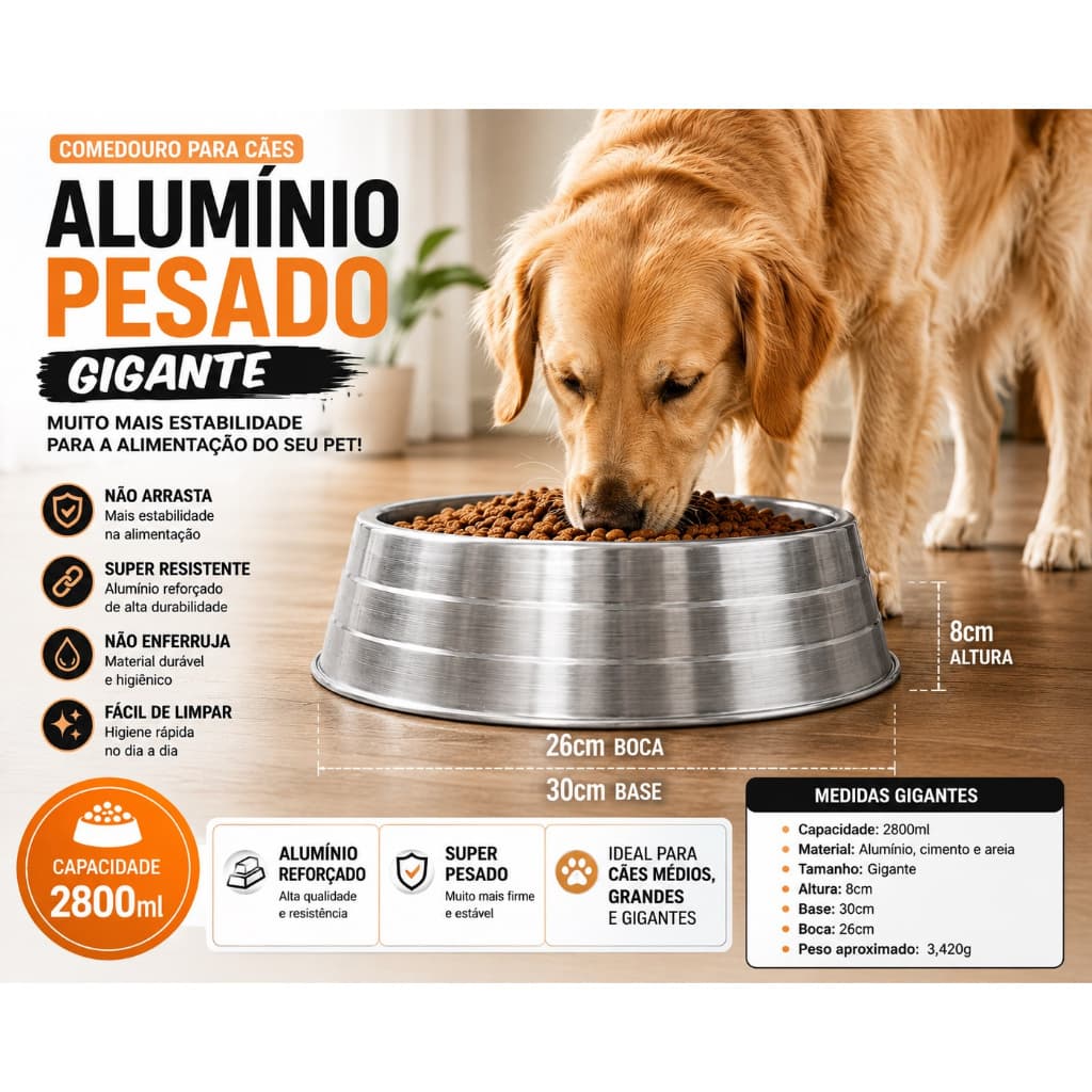 Comedouro Alumínio Pesado Gigante para Cães Grande Porte Resistente Pet