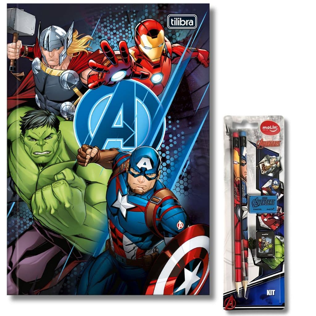 KIT 1 CADERNOS CAPA DURA BROCHURA+2 LAPIS DE ESCREVER HB, BORRACHA E 1 APONTADOR AVENGERS.