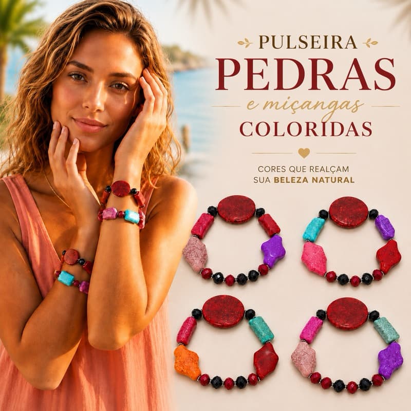 Pulseira Feminina Artesanal Boho Chic com Pedras e miçangas coloridas