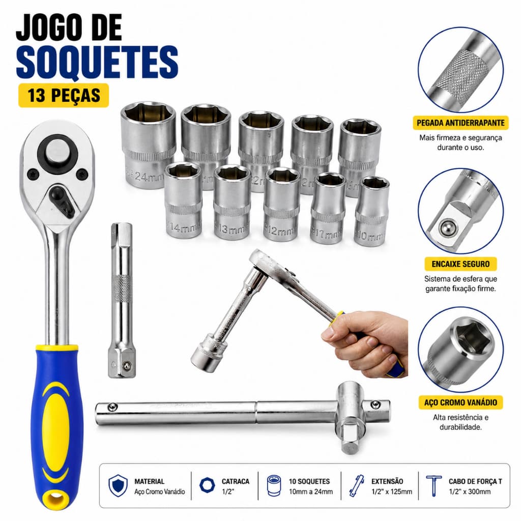 Jogo Soquetes Sextavado C/Catraca Cabo de Força Embvorrachado 1/2" Poelgadas 13Pçs Cromo Vanadio
