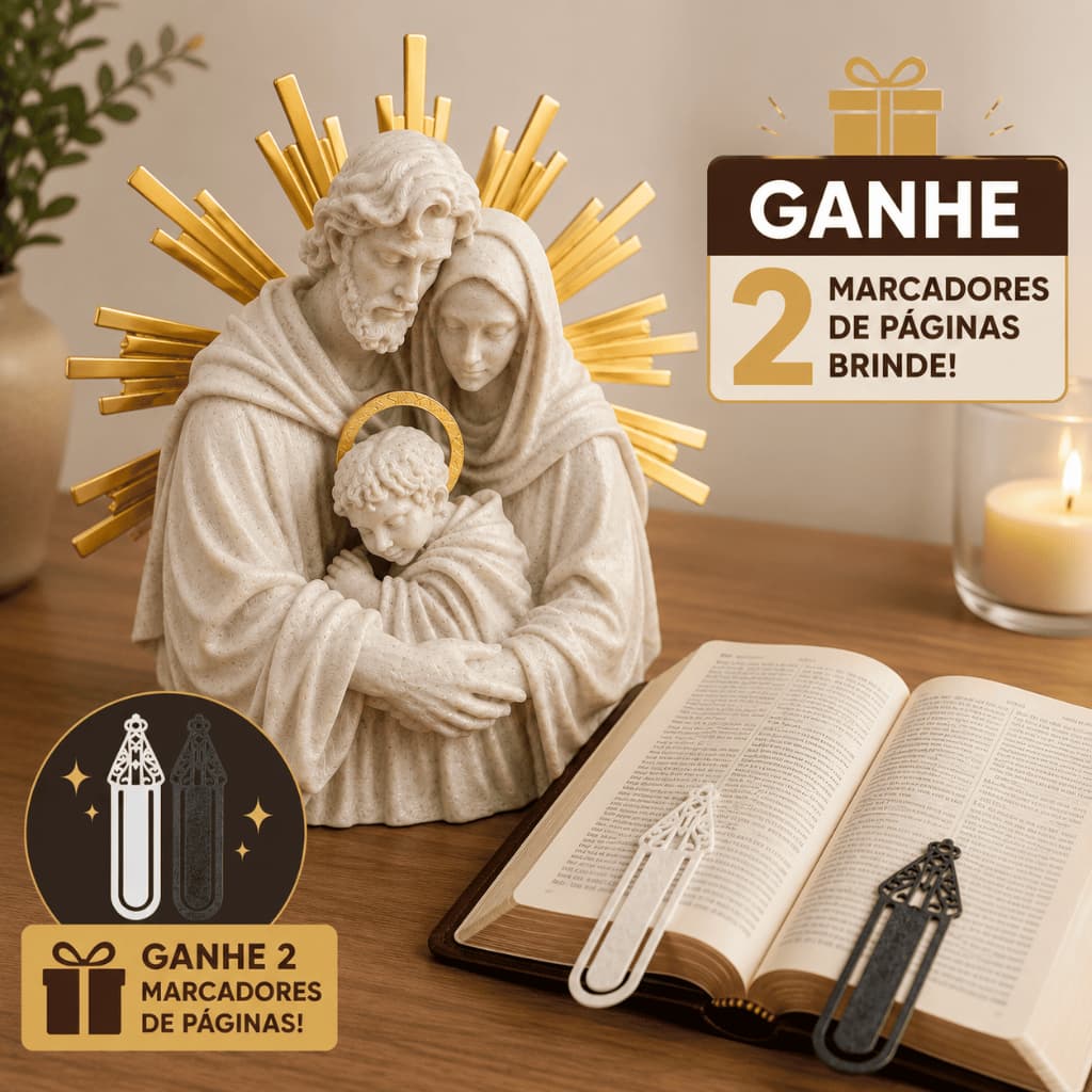Sagrada Família Decorativa Plático Premium Marmorizado e Dourado Com 2 Marcadores de Página Religiosos