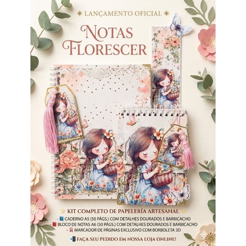 Kit Papelaria Notas Florescer – Caderno A5 + Bloco de Notas + Marcador de Página