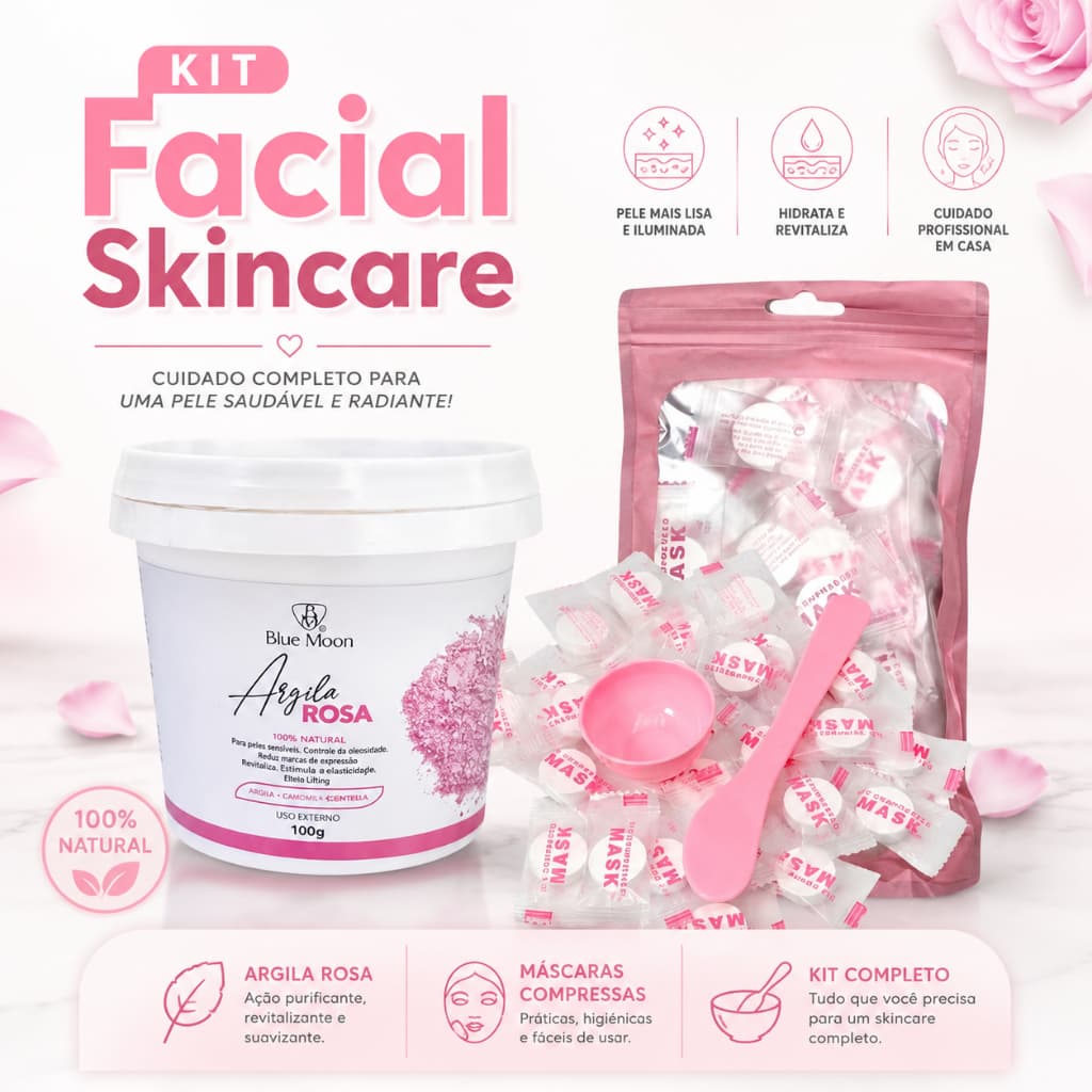 KIT FACIAL SKINCARE ARGILA + MASCARA DESIDRATADA COMPRIMIDA 20 UNIDADES C/POTE E MEDIDOR