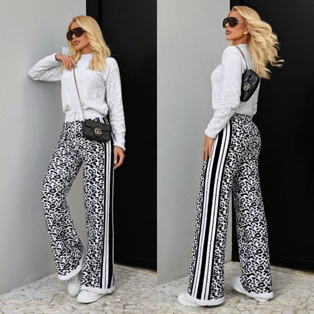 Conjunto Feminino Inverno Tricot Mousse Estampa Animal Print Confortável