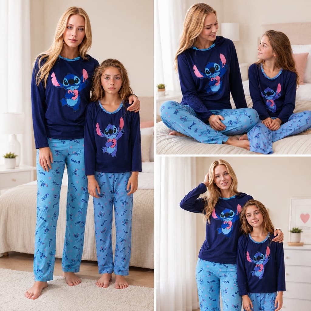 Kit 2 Pijamas Inverno Longo Stitch Tal Mãe e Filha Conjunto de Frio Manga Comprida Adulto Infantil