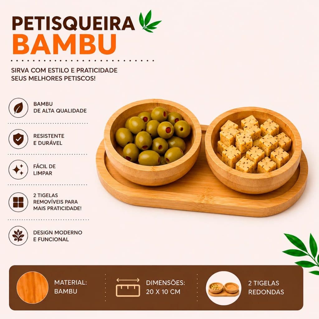 Petisqueira Bambu com 2 Bowl e Bandeja Molheira Base Tigela Tábua