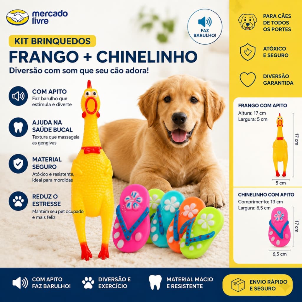 KIT BRINQUEDO PET CACHORRO MORDEDOR FRANGO DE BORRACHA COM APITO + CHINELO MORDEDOR COM APITO