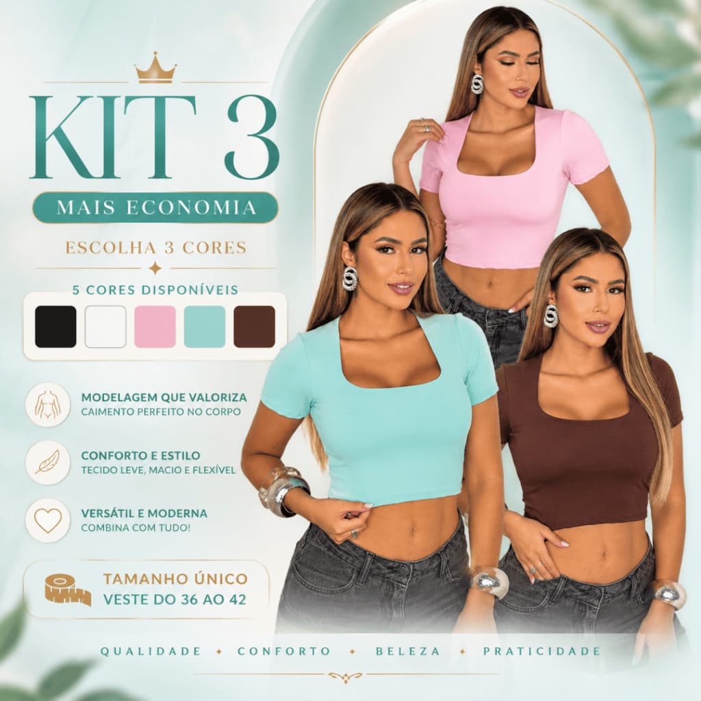 Kit 3 Cropped Feminino Blusinha Mulher Suplex Forrado Modelador Lindo Premium Elegante Festa Casual