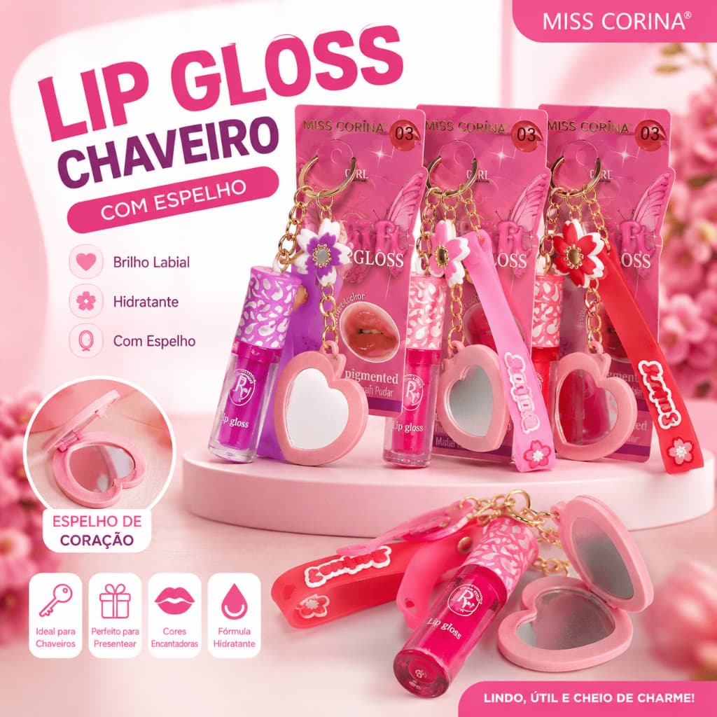 Chaveiro Lip Gloss Com Espelho Coração Miss Corina Brilho Labial