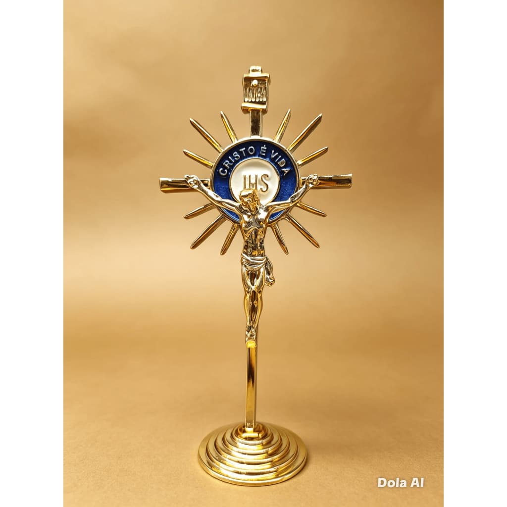 Enfeite Ostensóriio JHS Cristo é Vida 10cm com Jesus - Metal Cromado | Detalhes Azul e Vermelho