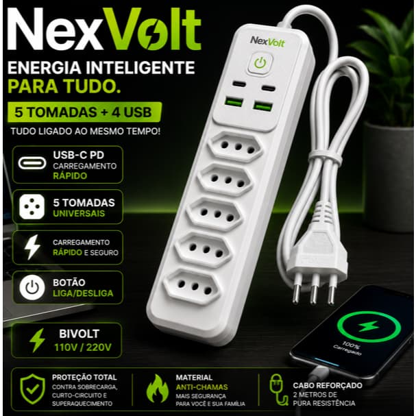 Extensão Elétrica 5 Tomadas + 4 USB (2 USB-C PD) Com Interruptor Carregamento Rápido Cabo 2 Metros