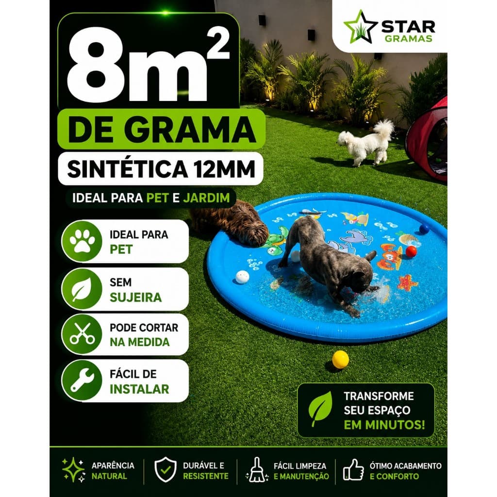 Grama Sintética 8m² para Jardim, Varanda, Pet Fácil, Kids Instalação Alta Durabilidade