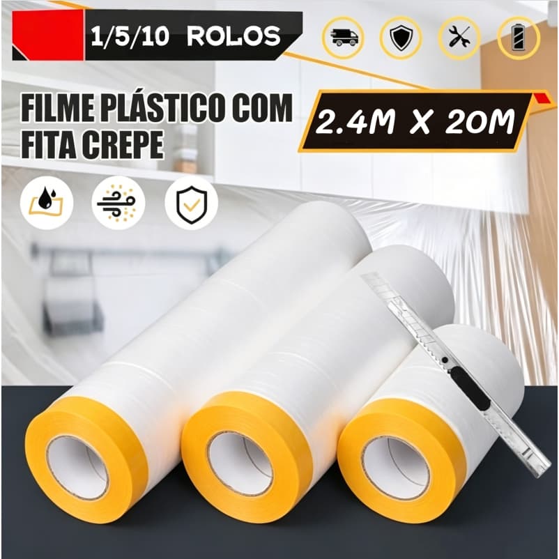 Plástico com Fita Crepe 2.4M X 20M – Proteção para Pintura e Reformas KIT 1/5/10