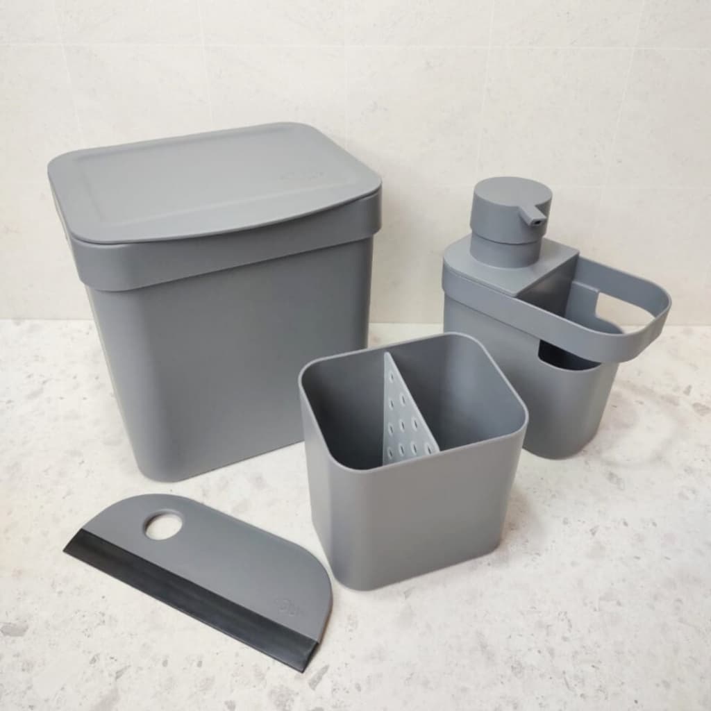 Kit Pia Organizador com Lixeira 4,7L Dispenser Rodinho Escorredor  Linha Trium Preto, Cinza e Bege