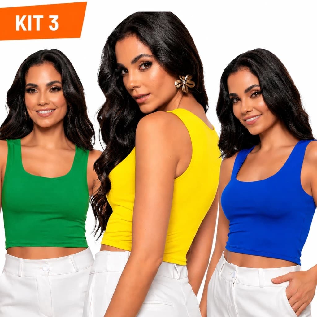 KIT 3 Cropped COPA DO BRASIL Alça Grossa Verde Amarelo Azul Feminina Suplex Duplo Elegante Moda Blogueira Tendencia