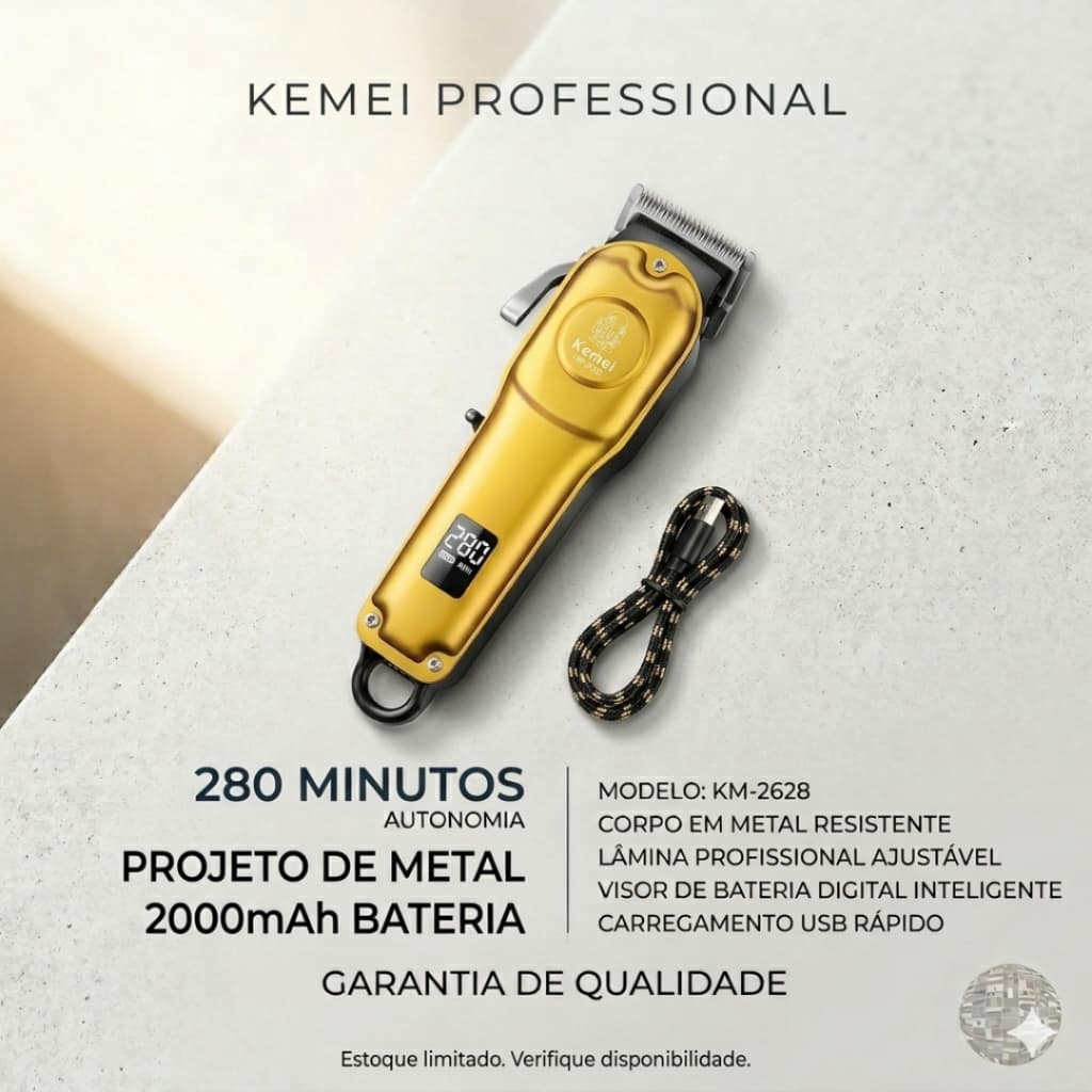 Maquina cortar cabelo KEMEI 1986 Profissional sem fio, 4 laminas ajustáveis, bateria recarregável bivolt, display LCD