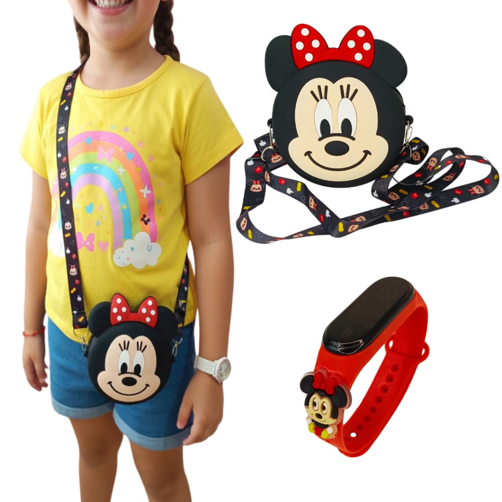 Bolsa Infantil Minnie Menina Com Relógio Infantil Digital Kit Á prova de água