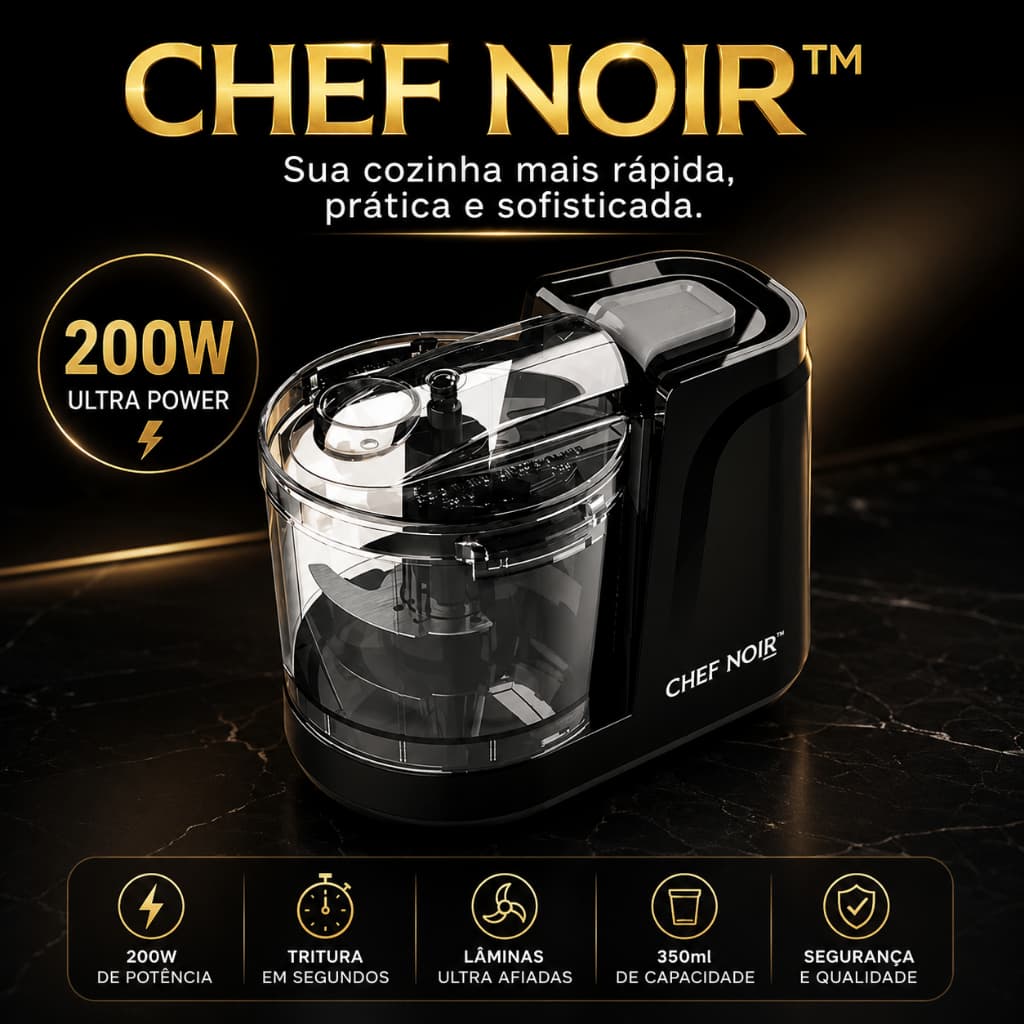 Chef Noir™ Mini Processador Elétrico 200W Triturador de Alho Cebola Temperos Compacto 350ml Preto