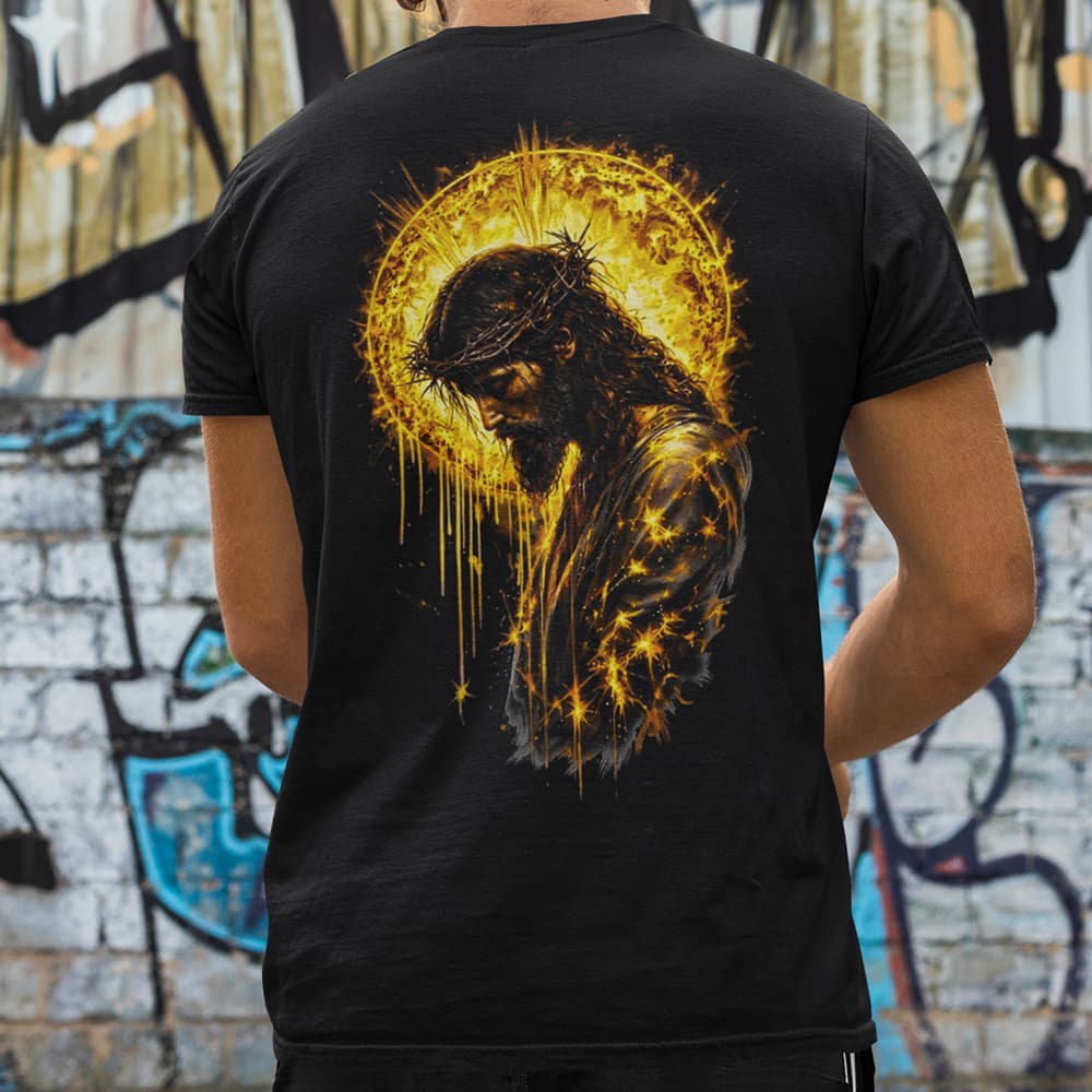 Camiseta Unissex Jesus Coroa Espinhos Auréola Dourada Preta Frente Costas Religiosa Premium