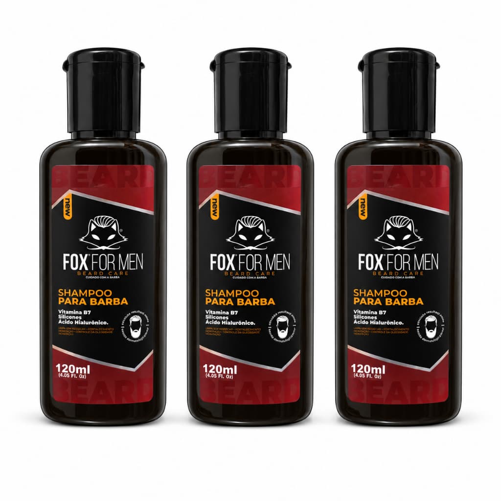 Kit 3 Shampoo para Barba 120ml Fox For Men Vitamina B7 Ácido Hialurônico Barba Bem Alinhada