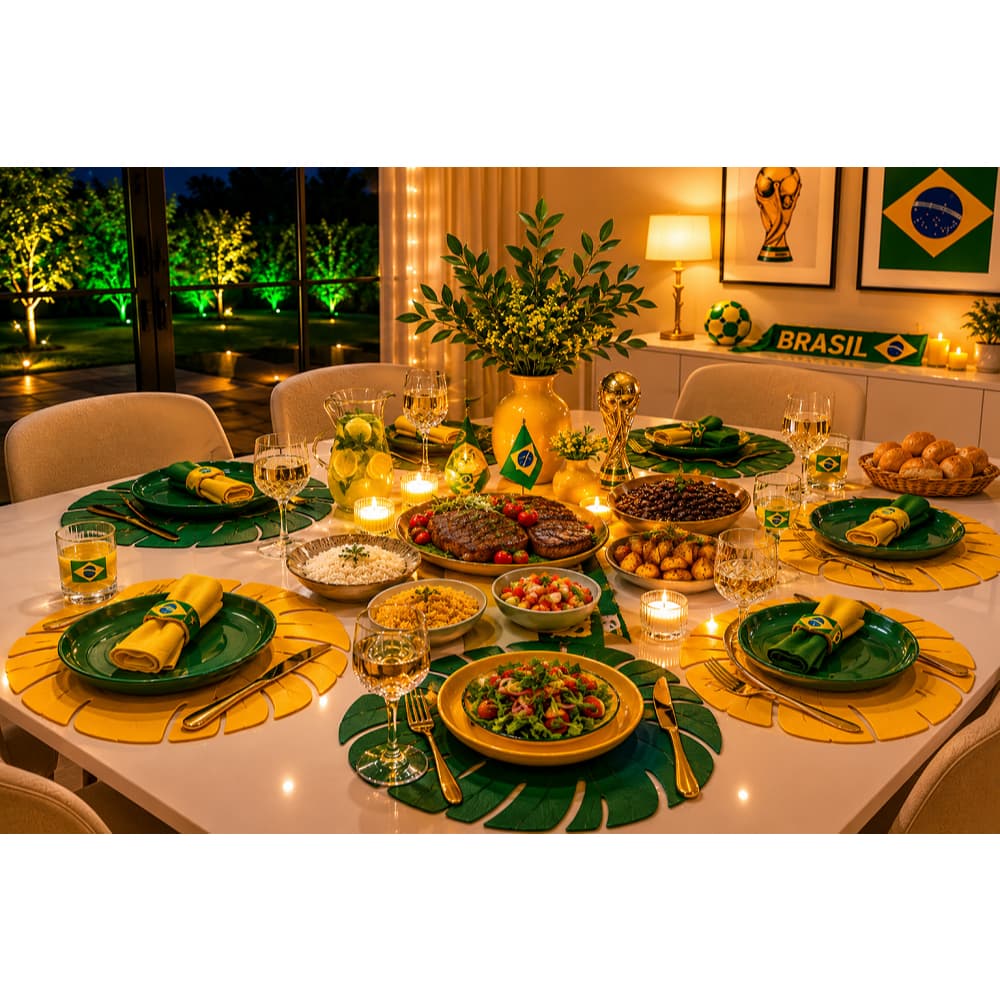 Copa do Mundo- Kit Jogo Americano Mesa Sousplat  Folhas 6 Peças  Verde e  Amarelo