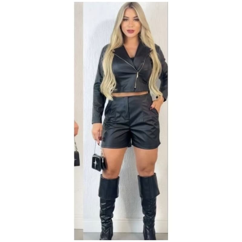 Jaqueta de couro sintético moda feminina com zíper frontal.