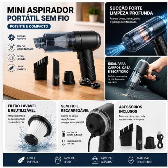 Aspirador de Mão Portátil Compacto e Eficiente