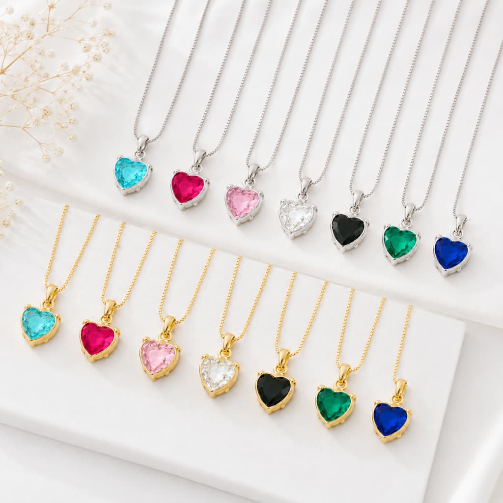Colar Coração Colorido Banhado Ouro 18K e Prata 925 | Delicado Feminino - Antialérgico