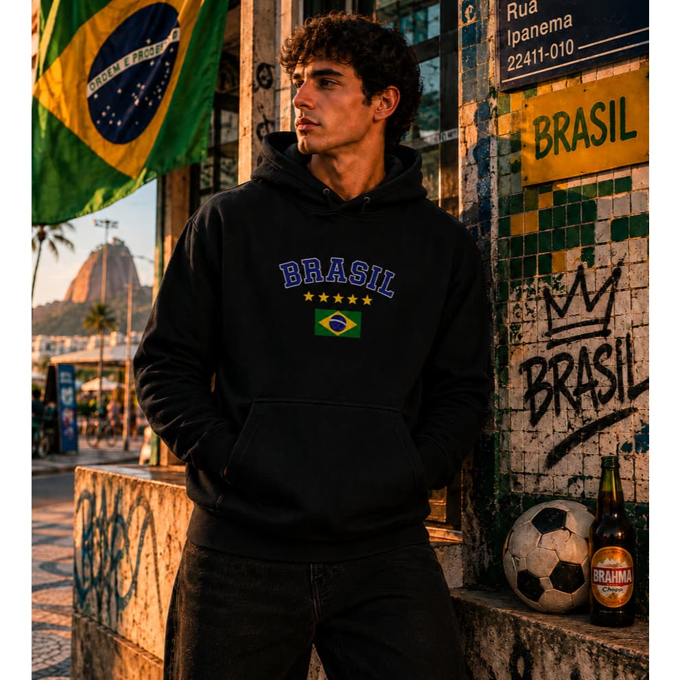 Moletom Canguru Brasil Copa Blusa De Frio Em Algodão Com Capuz e Bolso