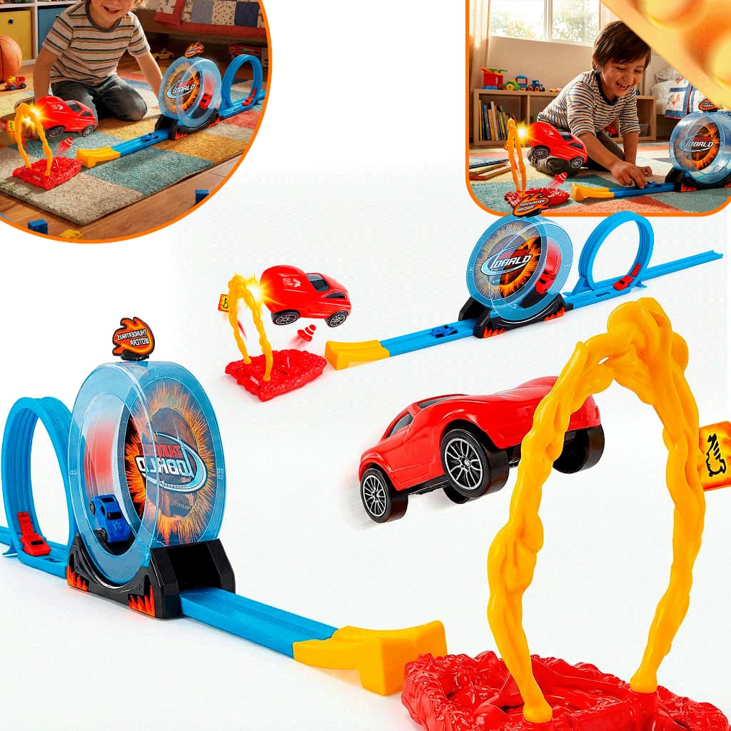 Pista de Corrida Radical com Lançador de Carrinho – Tipo Hot Wheels, 44 Peças - Brinquedo Radical