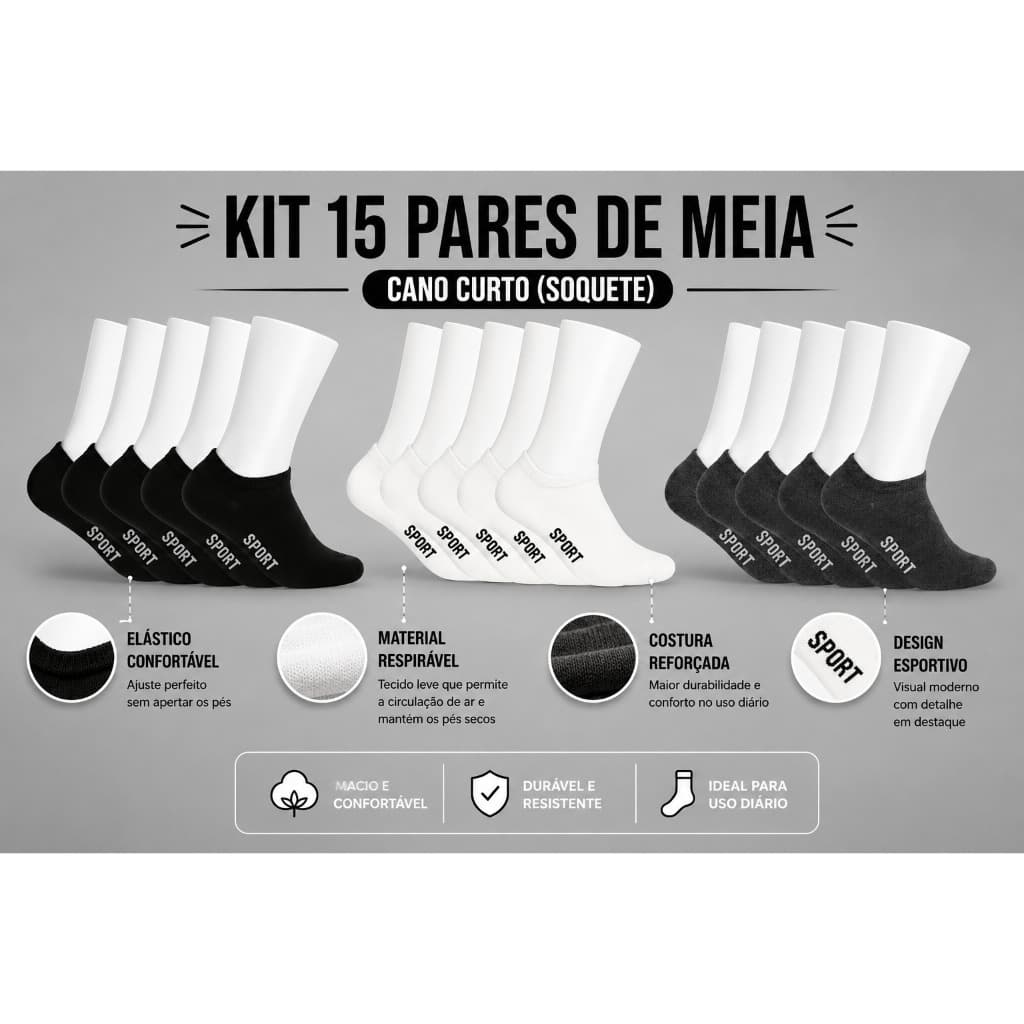 Kit 15 Pares de Meia Cano Curto Cano Baixo Soquete Sapatilha Unisex