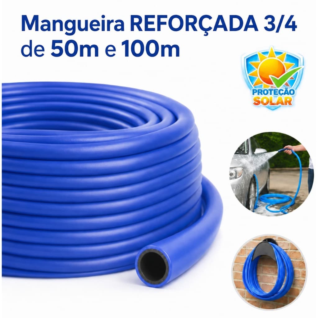 Mangueira Jardim 3/4 Alta Pressão Reforçada Premium Flexível Irrigação Sitio Azul 50m e 100m