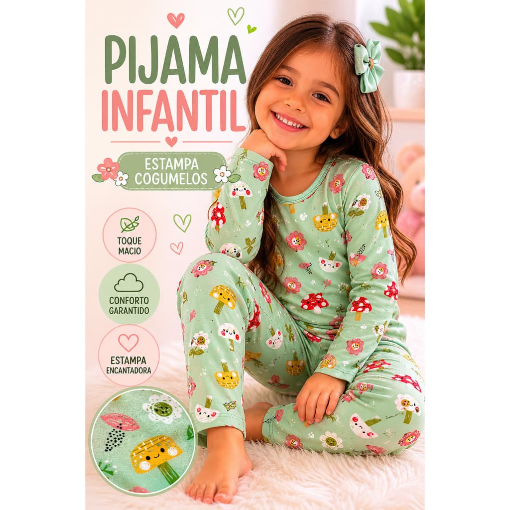 Pijama Infantil Feminino Tecido Suede Manga Longa Calça Estampa Cogumelo Verde Inverno Dormir Noite-