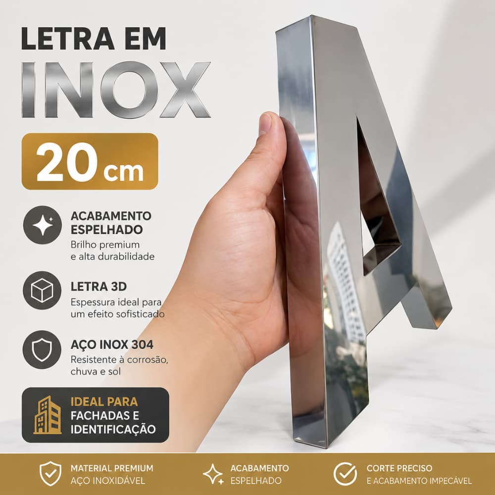 Letra em Inox 20cm, Letreiro para Fachada e Identificação Premium, com durabilidade