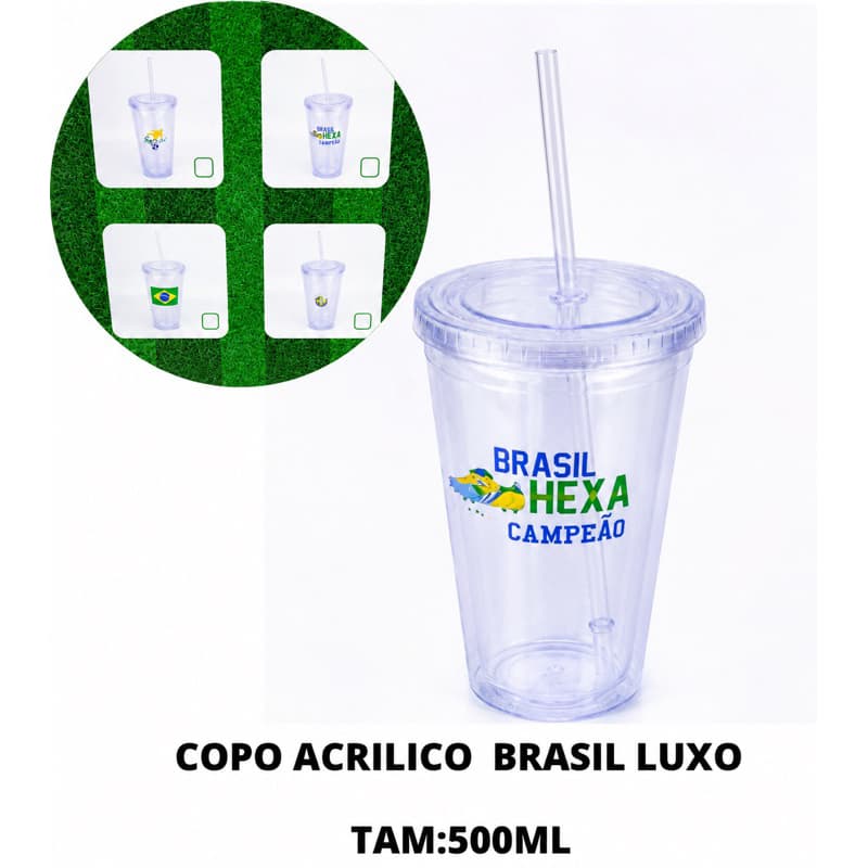 Copo Acrílico Do Brasil Com Tampa E Canudo | 500ml | Copa Do Mundo, Seleção Brasileira, Brasil, Futebol, Jogos