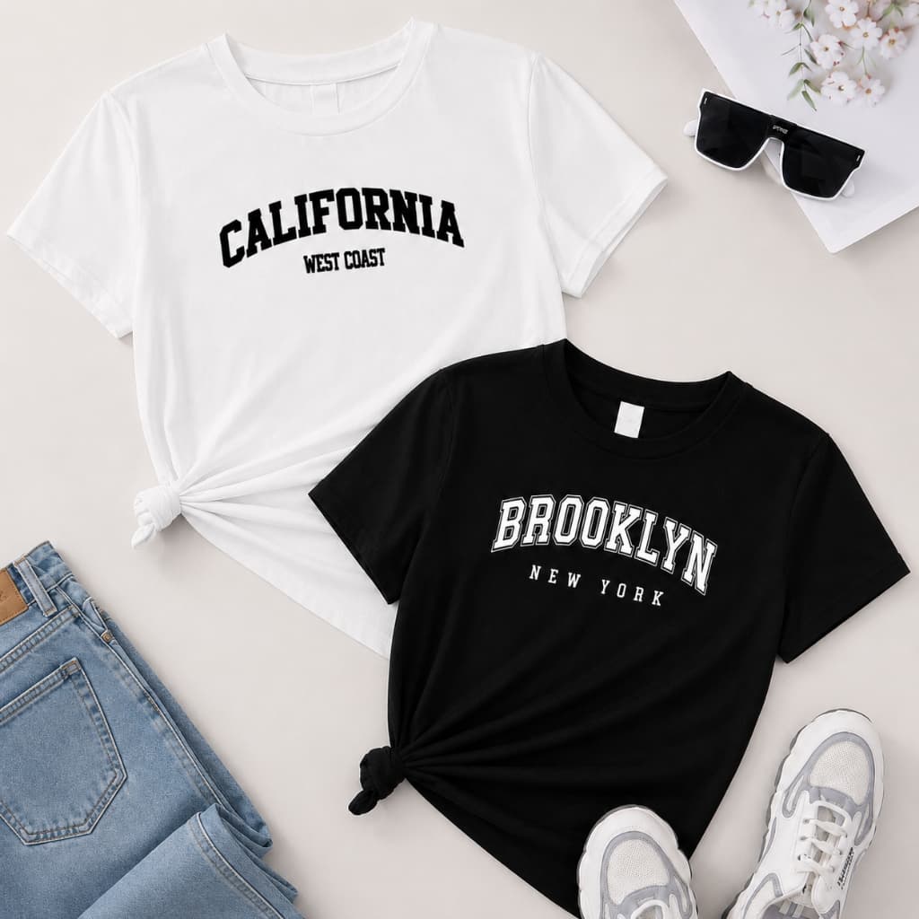 Kit 2 Camisetas Femininas Básica Califórnia Brooklyn 100% Algodão Fitness e Casual