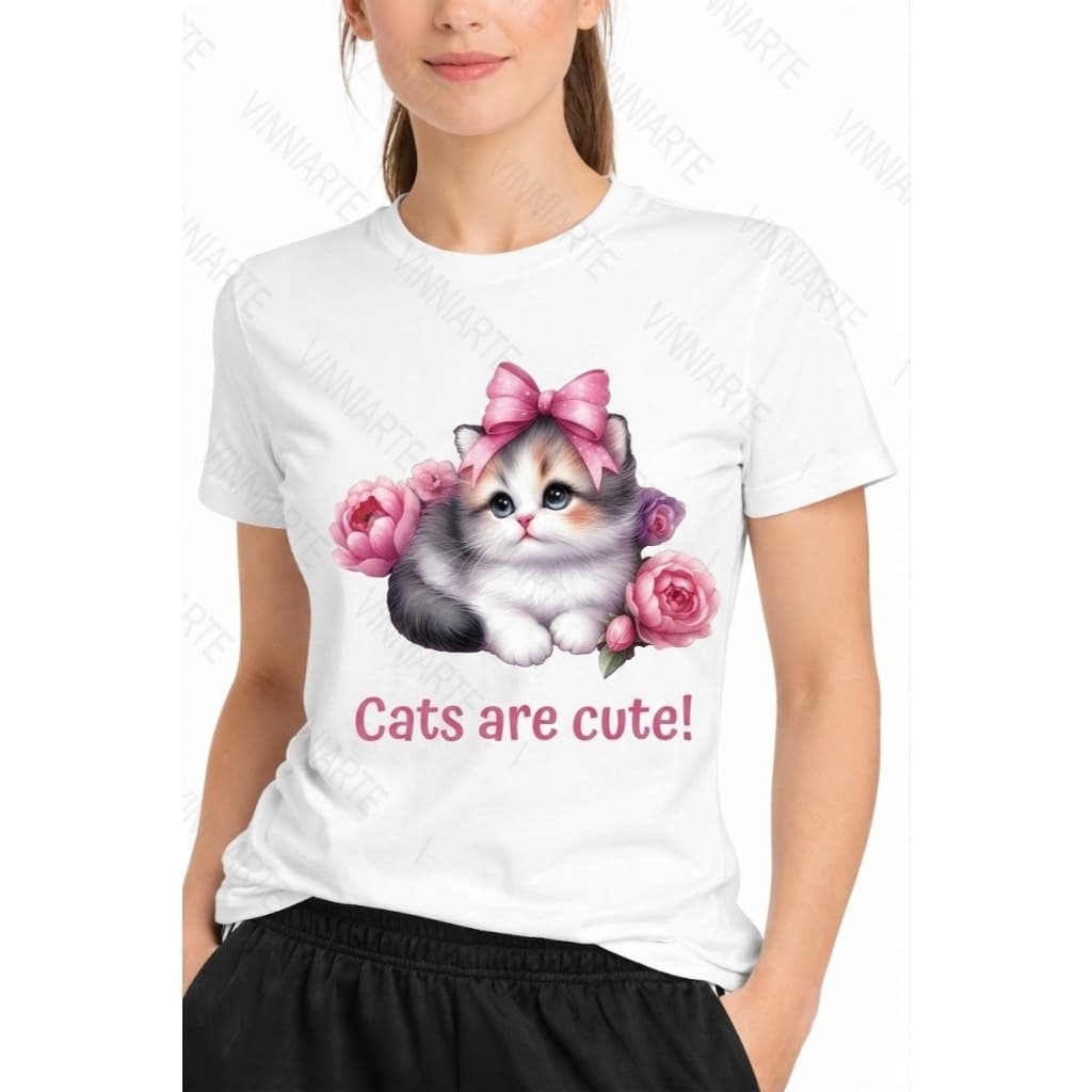 Camiseta feminina tradicional pet gato cat frase cats are cute gatos são fofos